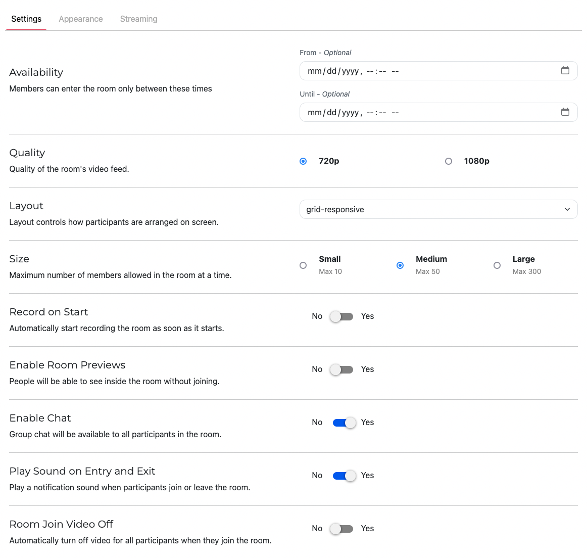 This screenshot shows the configuration options for Video Conferences. At the top of the screen, there are two tabs: 'Settings' and 'Appearance'. Under the selected 'Settings' tab, there are the following options. 'Availability' sets the dates and times that members will be able to enter the room. There are also settings for Quality, Layout, Size, and Record on Start.