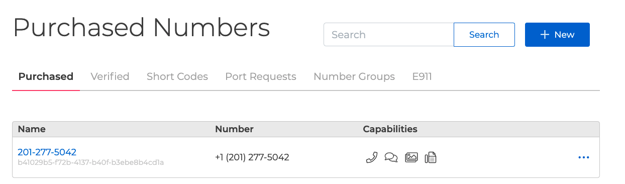 The Phone Numbers page. Under the Purchased tab, there is a table organizing purchased numbers by Name, Number, adn Capabilities. There is also a search bar and a blue button labeled 'New'. The other tab options are Verified, Short Codes, Port Requests, Number Groups, and E911.